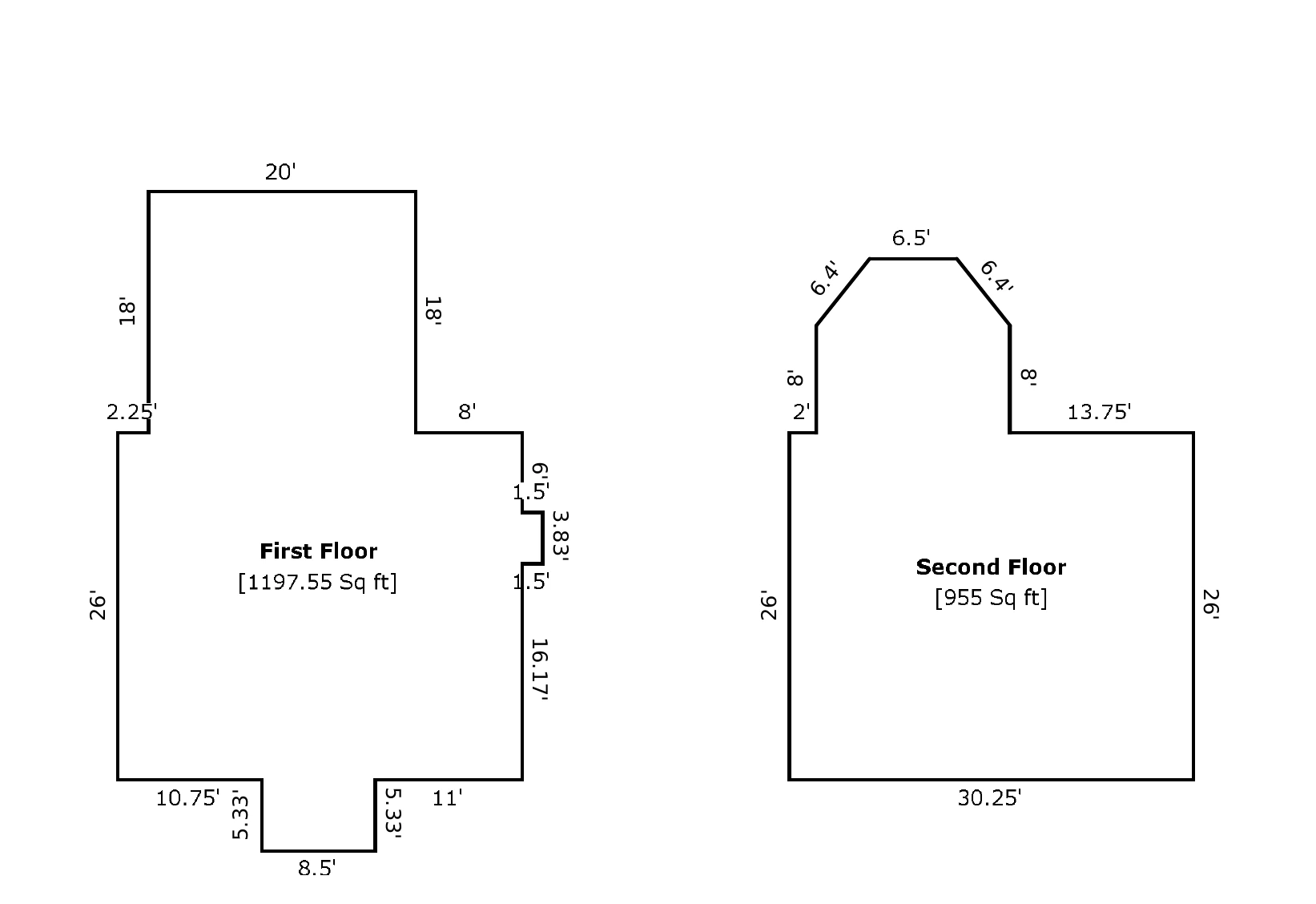 Floor plan sketch showing the First Floor (1,198 sq ft) and Second Floor (955 sq ft) of 555 Stratford Avenue with room dimensions